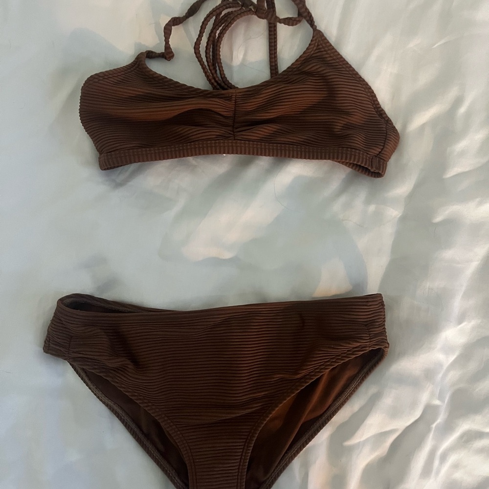 Brown Ribbed Bikini Set